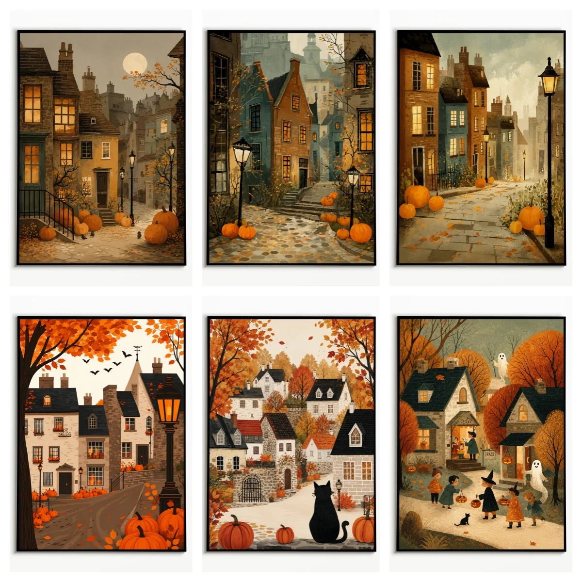 1PC  English Town Pumpkin Black Cat Ghost Halloween Poster  Thanksgiving Autumn Harvest Wall Art  Frameless Canvas Printing