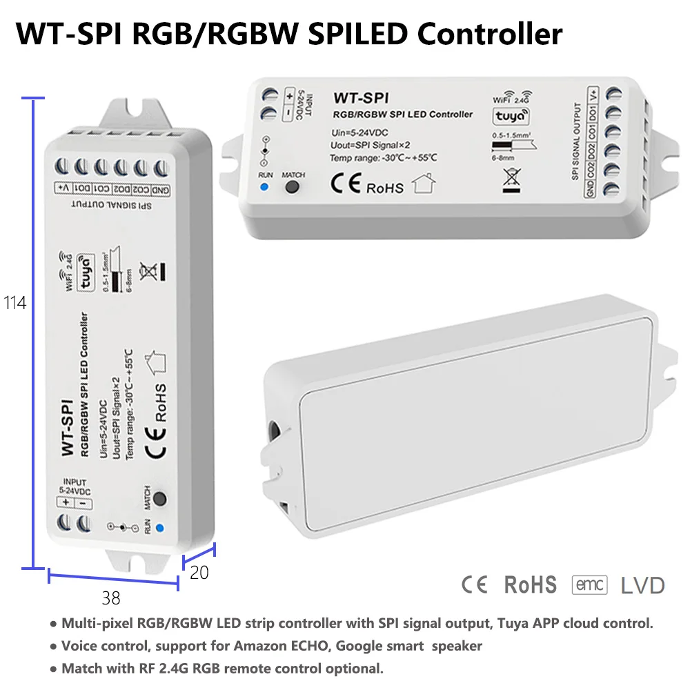 WiFi i RF SPI LED Controller RGB/RGBW DC5-24V WS2811 WS2812B SK6812 LED Light RF27Keys Remote Control Tuya App for Alexa Google