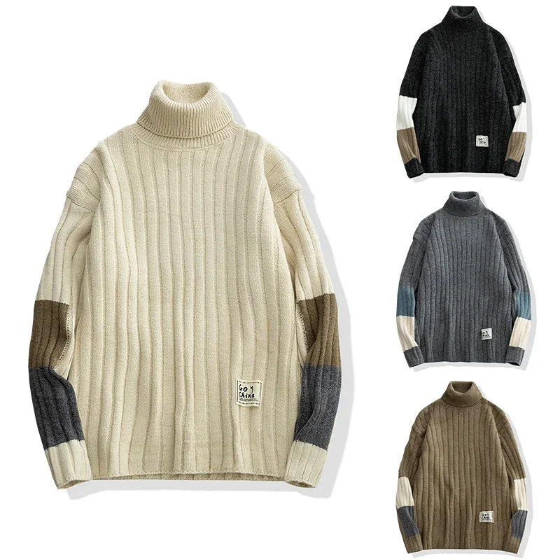 

Men′s Striped Turtleneck Sweaters Color Matching Knitted Sweaters for Men Autumn Winter Solid Warm Pullovers Men Clothing