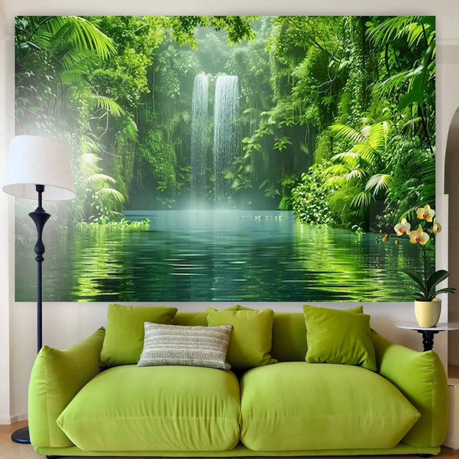 1PC Digital Print Tapestry Wall Hanging, Tropical Waterfall Jungle Green Nature, Exotic Rainforest Scenery Wall Art Decor