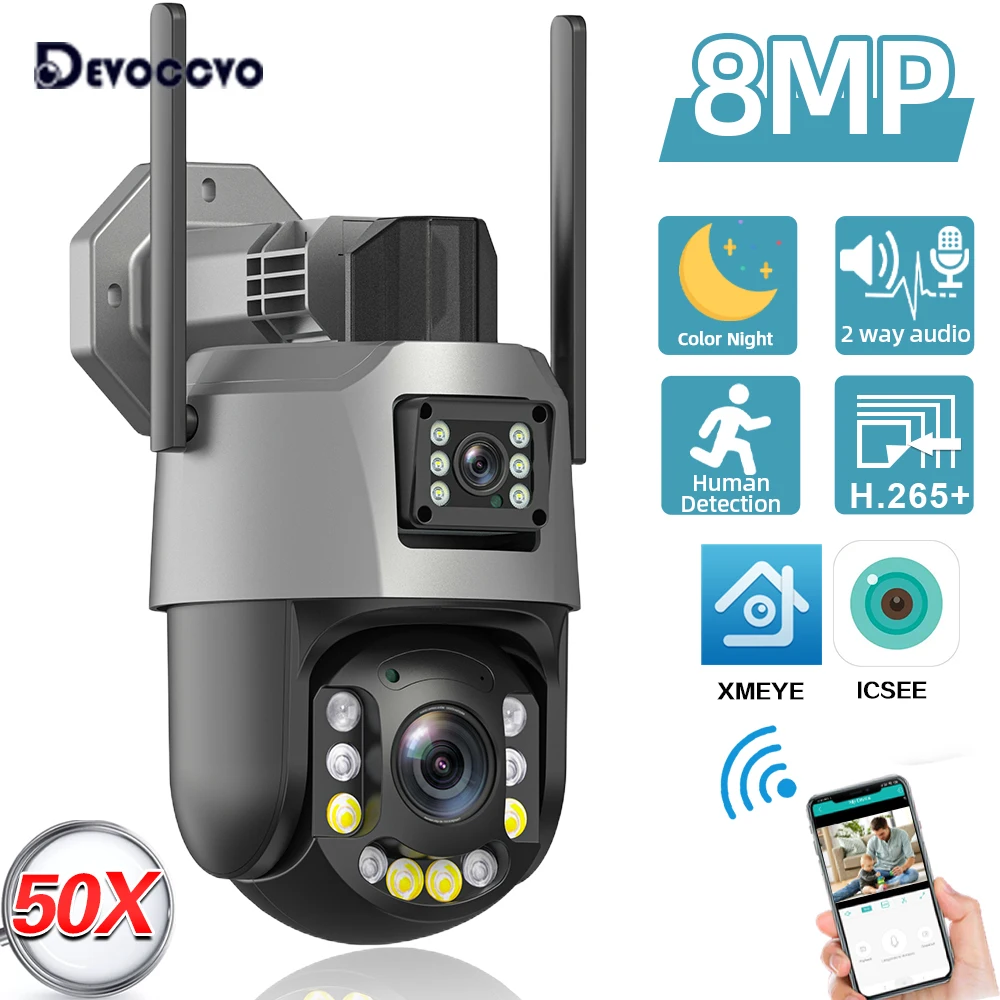 4K Dual Lens Wifi PTZ Security Camera 50X Zoom Outdoor Human Detection ICSEE Wireless CCTV Video Surveillance Camera 2 Way Audio