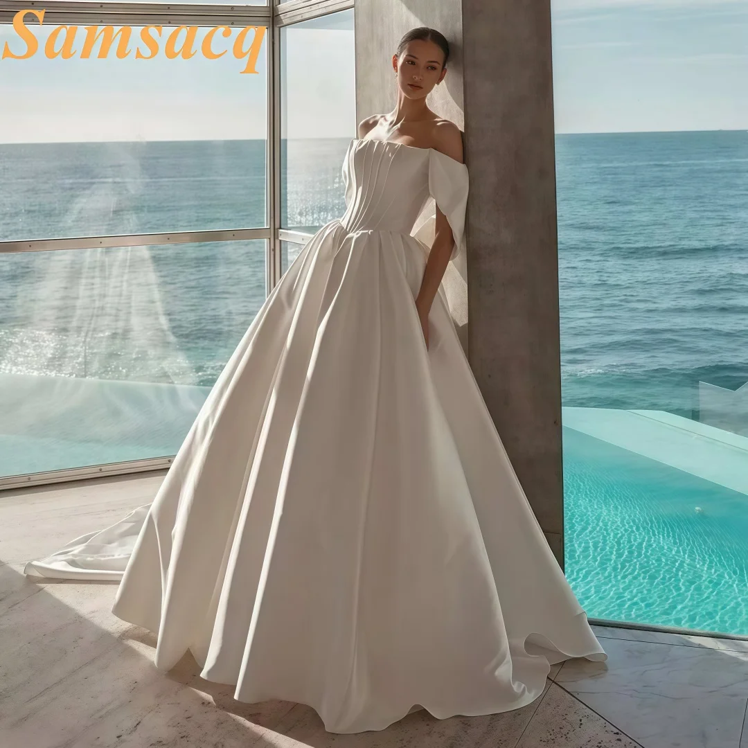 Custom Off Shoulder Wedding Dress Women Satin Bridal Gown With Puffy Skirt Elegant Beach Wedding Dresses Vestidos De Novia