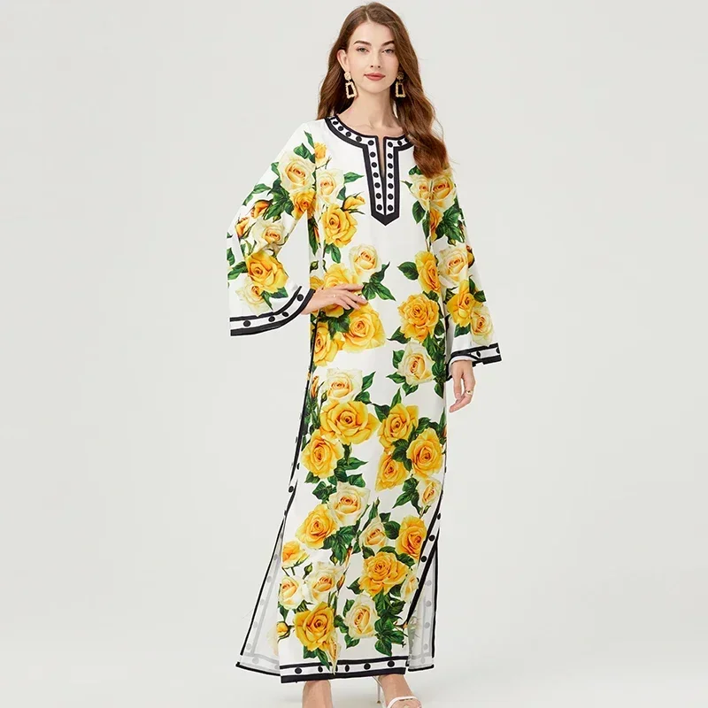 2024 New Summer Yellow Rose Flower Dot Print Long Dress Oversize Loose Bohemian Women O Neck Flare Sleeve Split Holiday dress