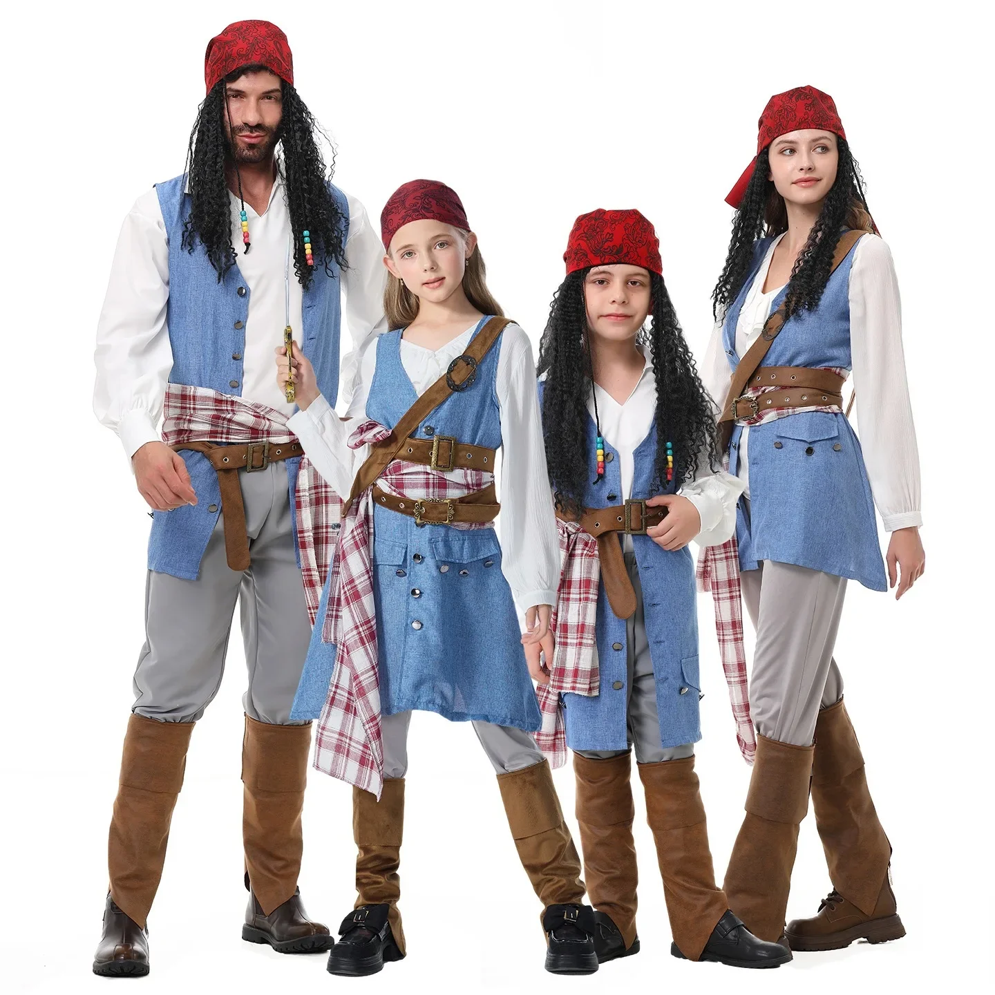 Family Pirate Costume Matching Outfit for Adults Kid With Bandana Wig Belt Halloween Carnival Cosplay Parent Child Dress Up PS66