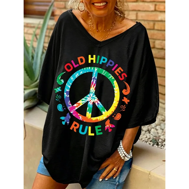 ilstile Women's Retro Hippie Print T-Shirts Summer Short Sleeve Casual Loose V Neck Long Tops Tees Black White NEW