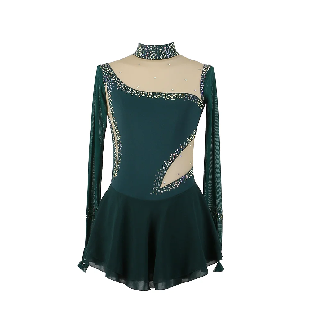 Zagitova-vestido de patinaje artístico para mujer y niña, ropa de patinaje sobre hielo, manga larga, verde salvaje con diamantes