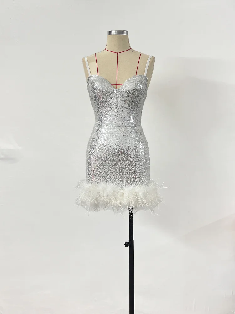 فستان نسائي أبيض مزين بالترتر من الفرو بدون أكمام بدون ظهر فساتين قصيرة مرحة للحفلات المسائية فستان أنيق للحفلات #3