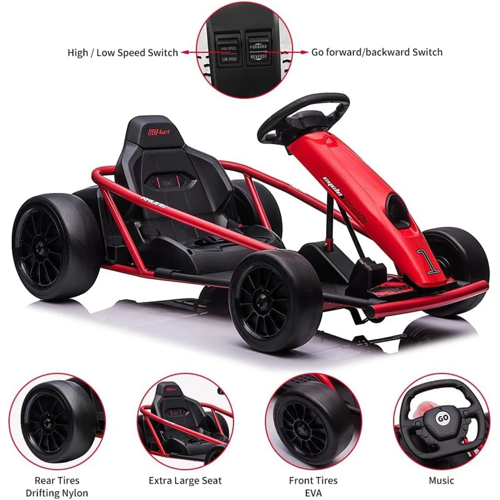 24V 강력한 고카트, 300W*2 모터, 8.1MPH 고속 드리프트 주행 차량, 최대 하중 155lbs, 음악 및 조명 포함 야외 놀이용