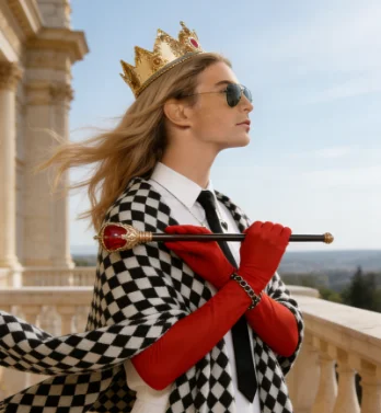 Festa temática de dramatização, acessórios de fantasia de festa: coroa, cetro vermelho, gola, luvas vermelhas e meias xadrez até o joelho.