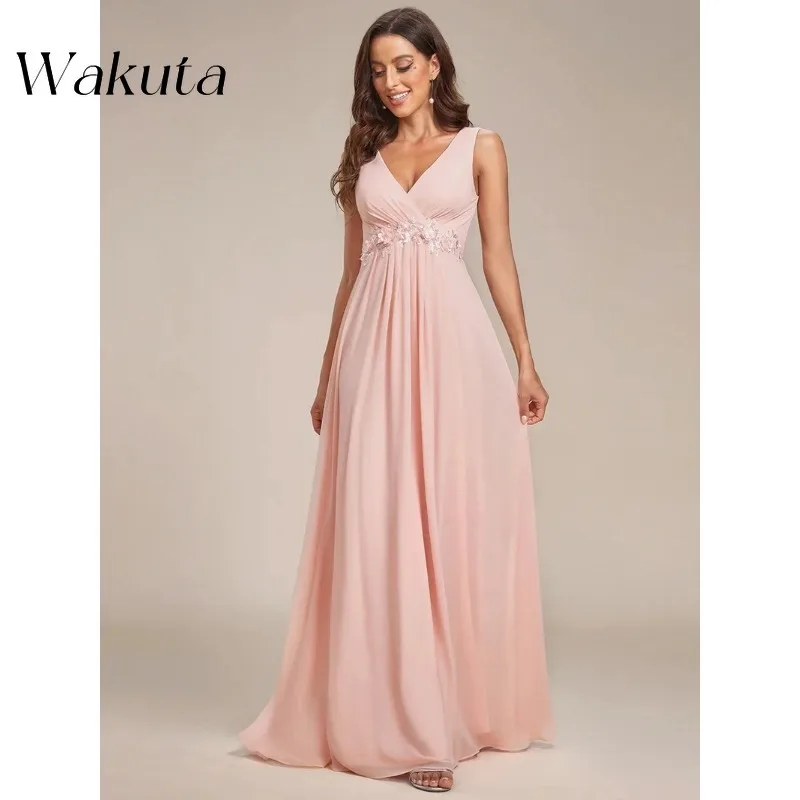 

Wakuta Elegant Ladies V Neck Sleeveless Dresses New Pretty of A-Line Solid Bridesmaid Robe Formal Evening Vestido Elegante Mujer