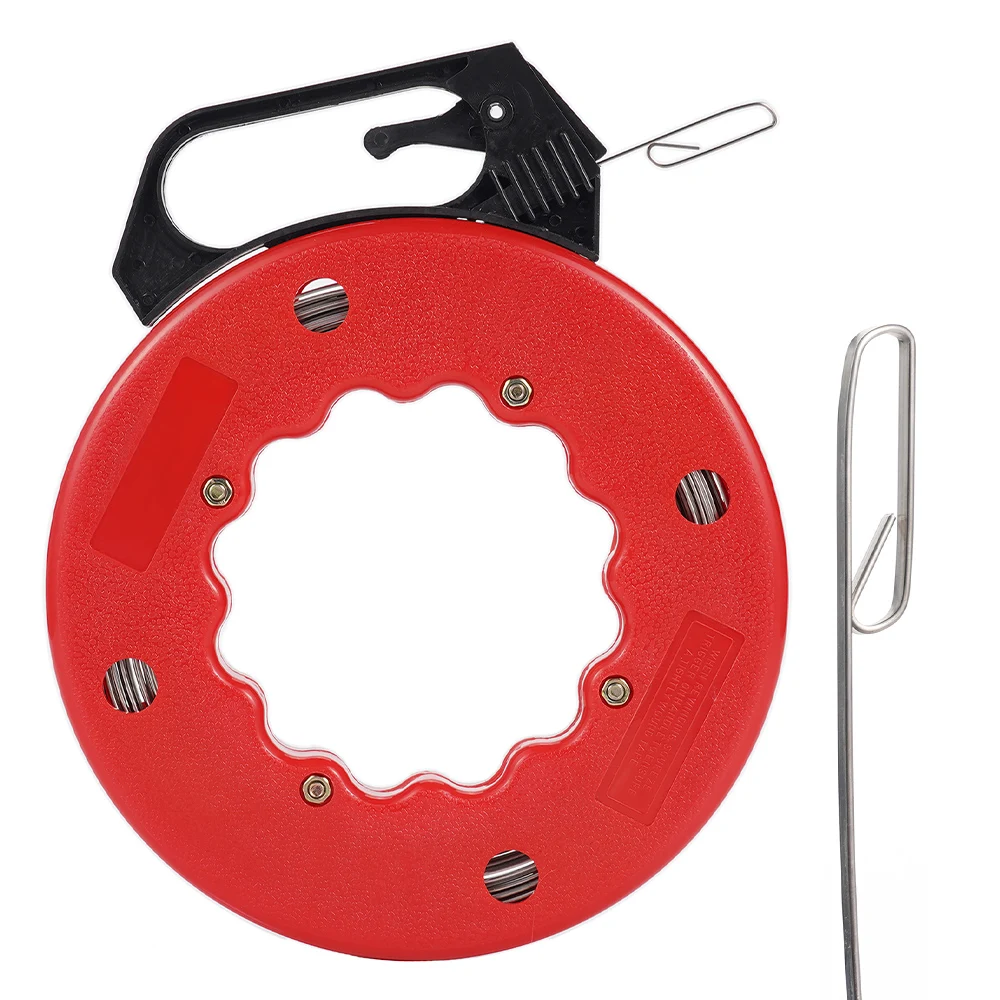 30M 3mm Flat Head Fish Tape Spring Steel Electrical Wire Puller Cable Threader Electrician Wiring Tool Red Plastic Case