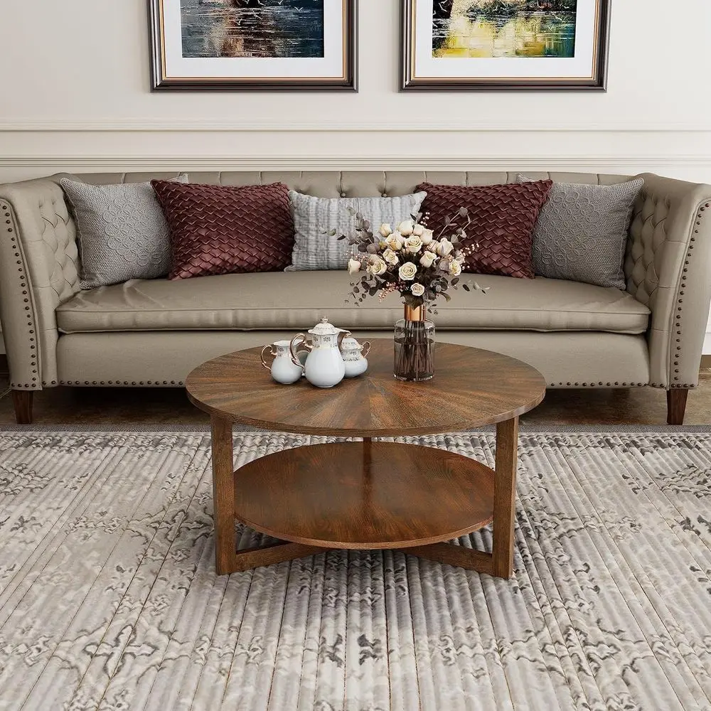 

Vintage 2-Tier Espresso Round Coffee Table, Solid Wood Accent Table for Home Living Room & Bedroom, 33.5 Diameter