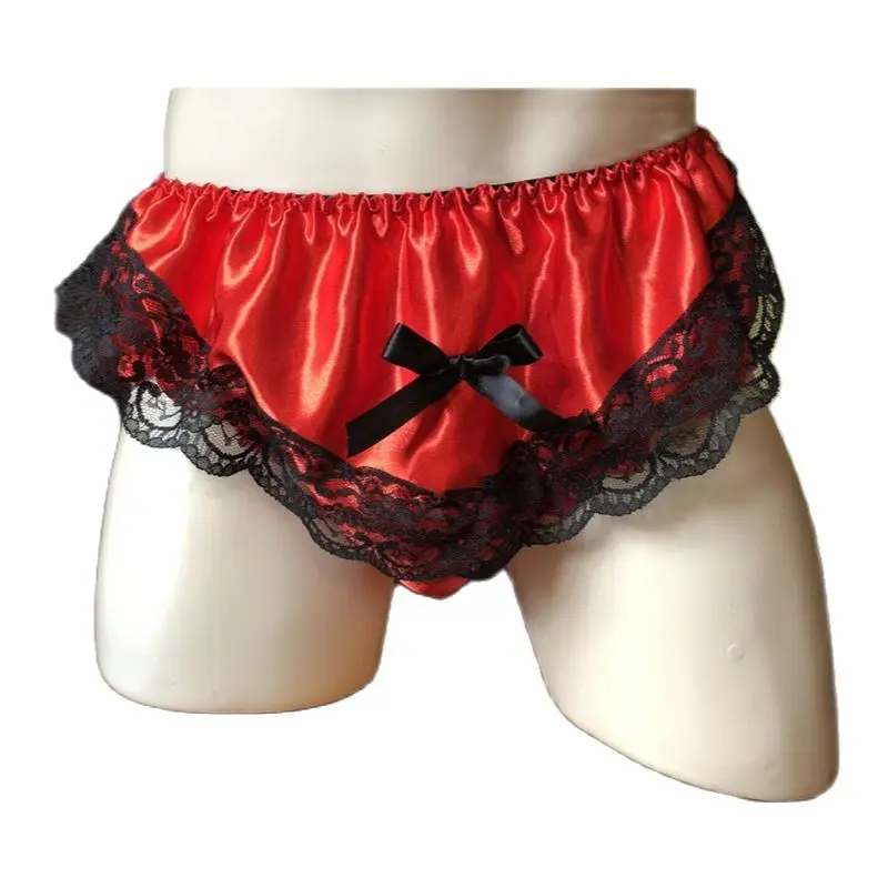 

French Sexy Sissy Crossdresser Satin Elastic Servant Suitable for Adult Customized Role Pleated Lace Bow Triangle Shorts