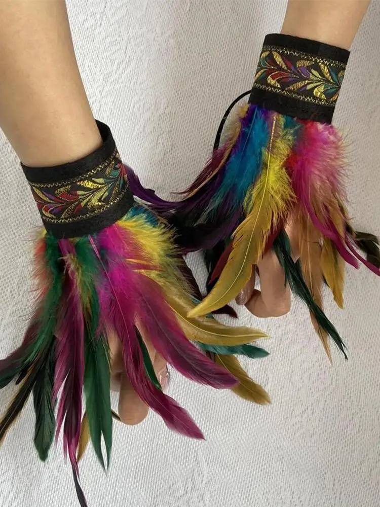 Guantes de plumas de encaje para fiesta, guantes largos góticos para mujer, puños de muñeca, manoplas bordadas, gancho, puños de piel, accesorio para escenario, guantes para dedo