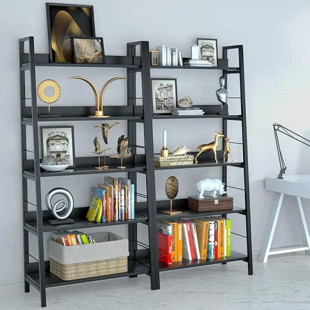 Himimi 5 Shel Ladder Bookcase,Black Bookshel Industrial Standing Shel or Bathroom,Bedroom, Living Room