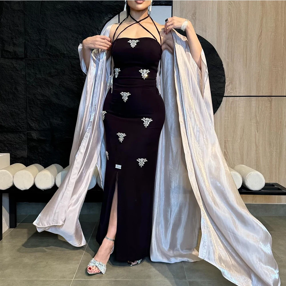 

Exquisite Front Slit Pleats Crystal Shawl Halter Evening Dresses Graceful Straight Ankle Length Jersey Party Gowns فساتين سهرة