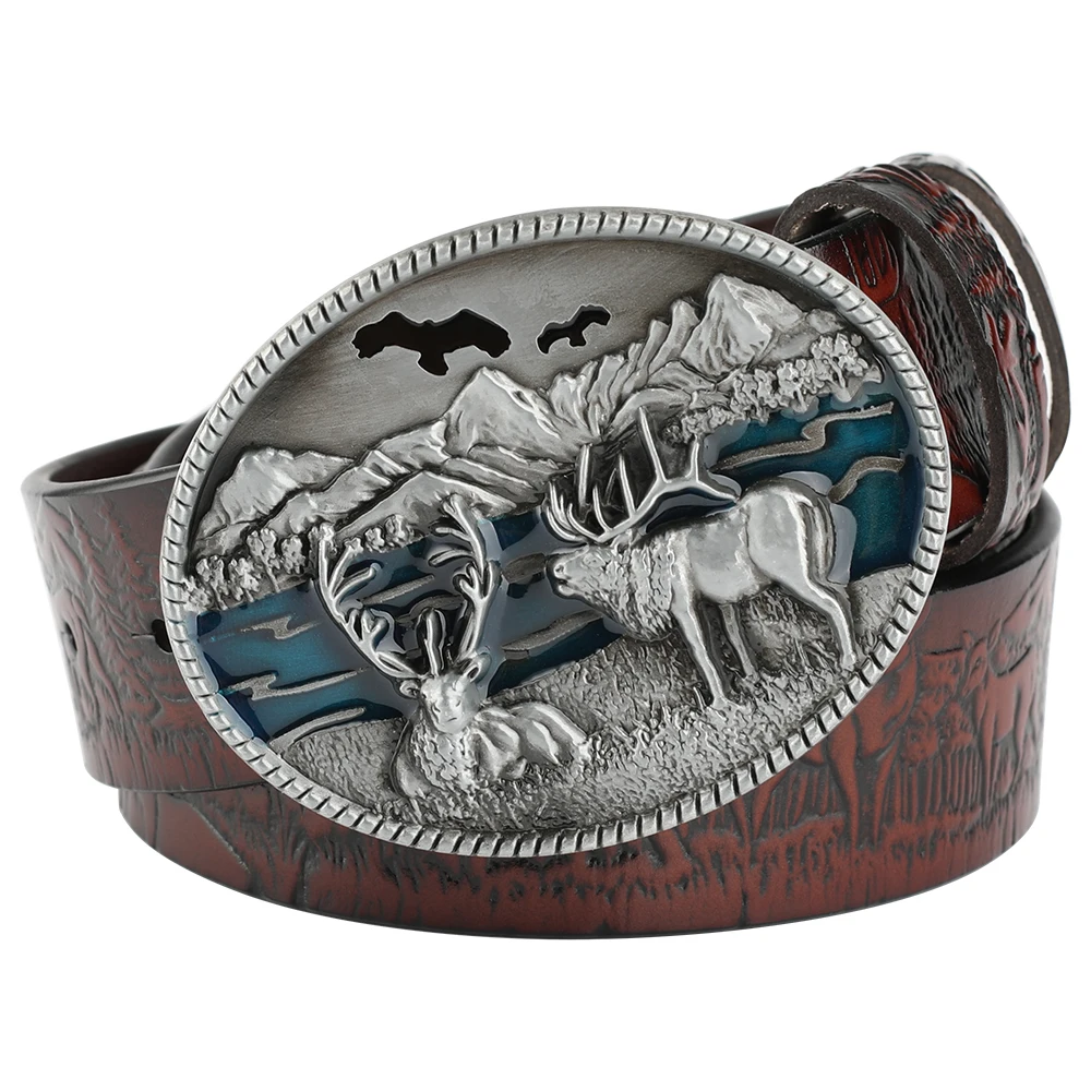 Men's Belt Embossed Deer Genuine Leather
