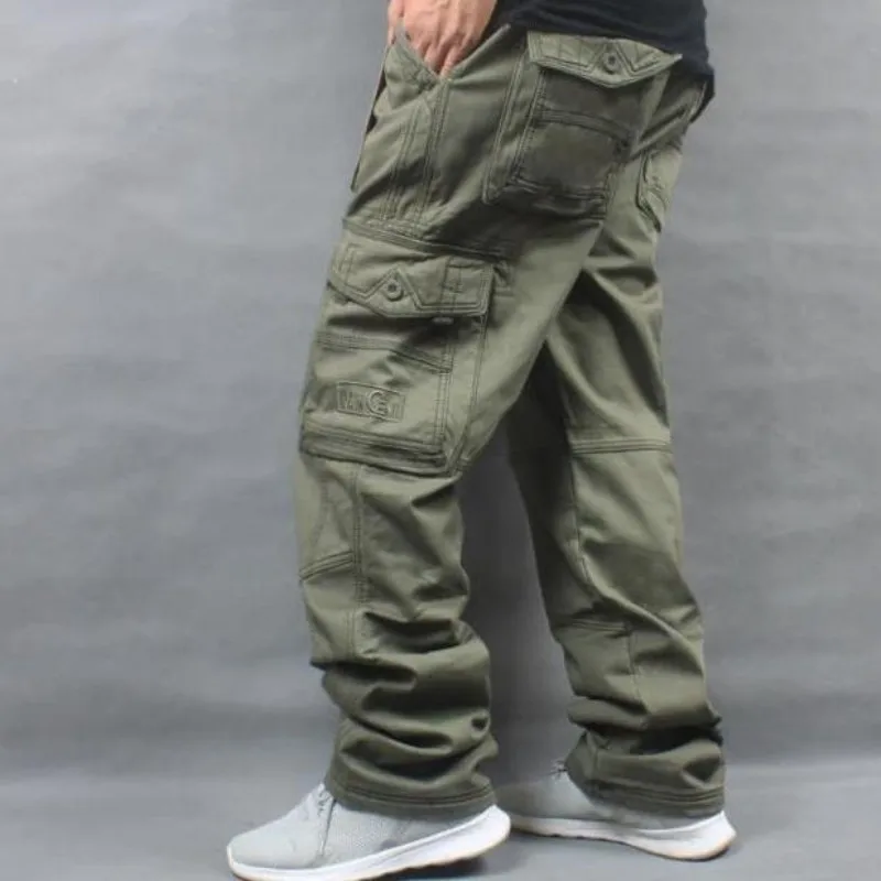 

Winter Baggy Cargo Pants Men Brushed Trousers Warm Fleece Thickened Overalls Multi-pocket Straight Slacks Men's Clothing Bottoms