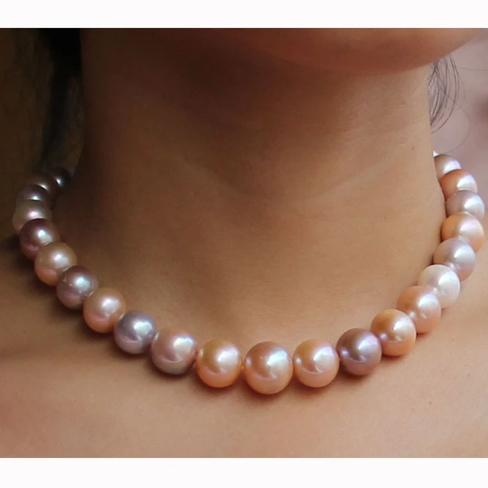 

Physical photos New AAA 9-10mm South Sea Perfect Round Multicolour Pink Purple Colourful Pearl Necklace 18" 14k