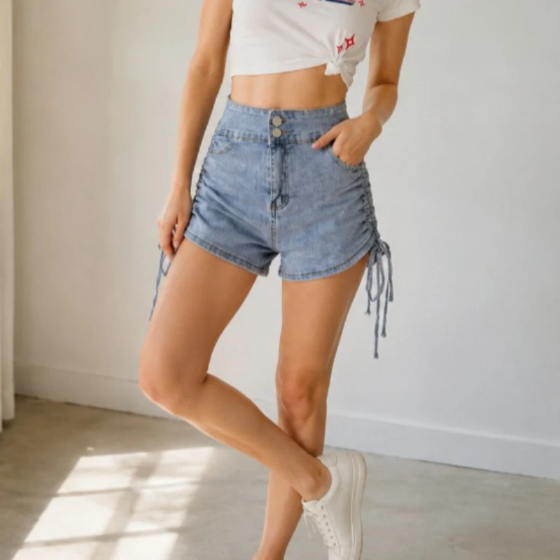 Shorts Women Y2k Shirring Denim Casual Straight New Vintage Solid All-match College Street Style Korean Summer High Waist Basic