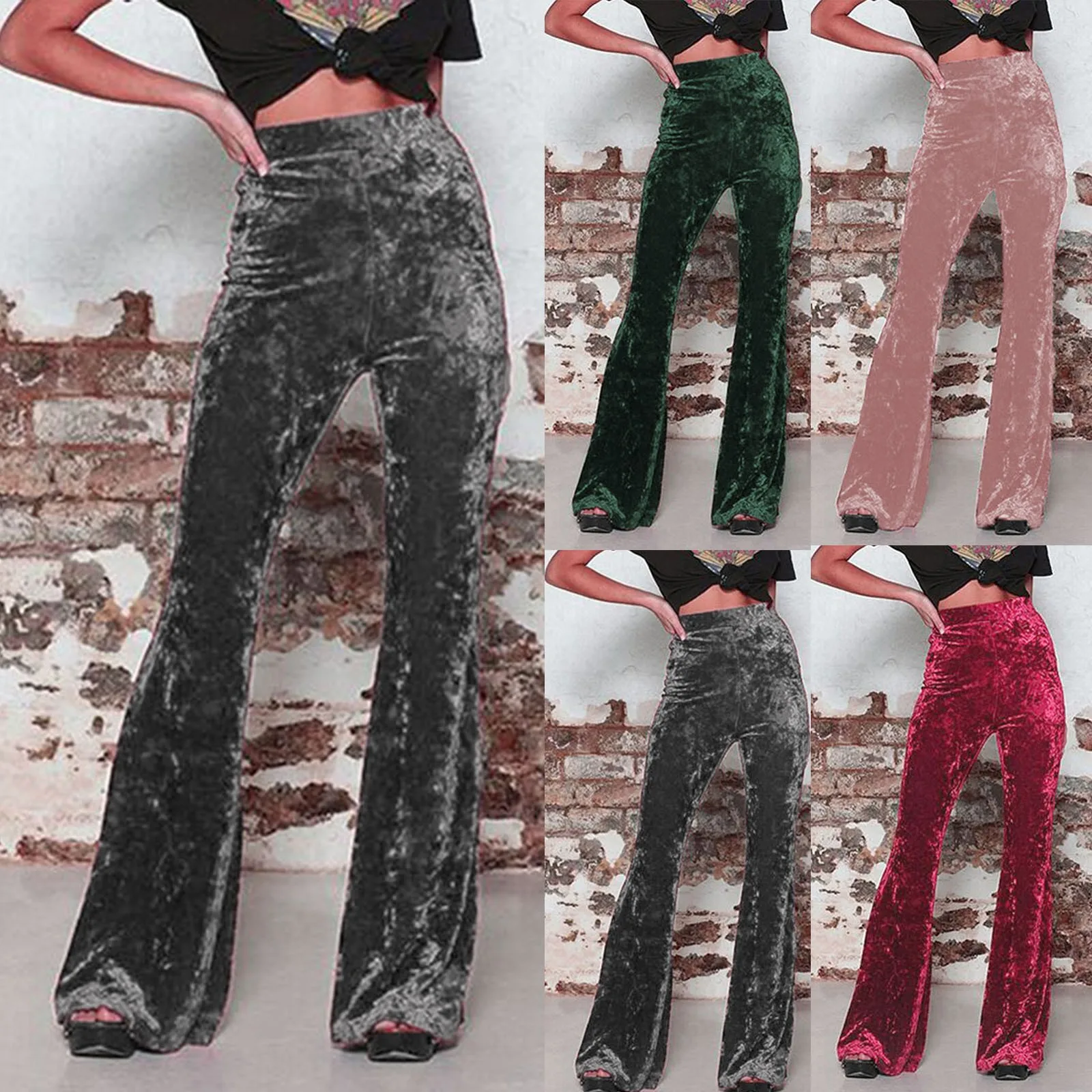 

Vintage High Waist Velvet Long Pants Women Casual New Soft Solid Flare Pants Fashion Burgundy Office Lady Trousers Spodnie