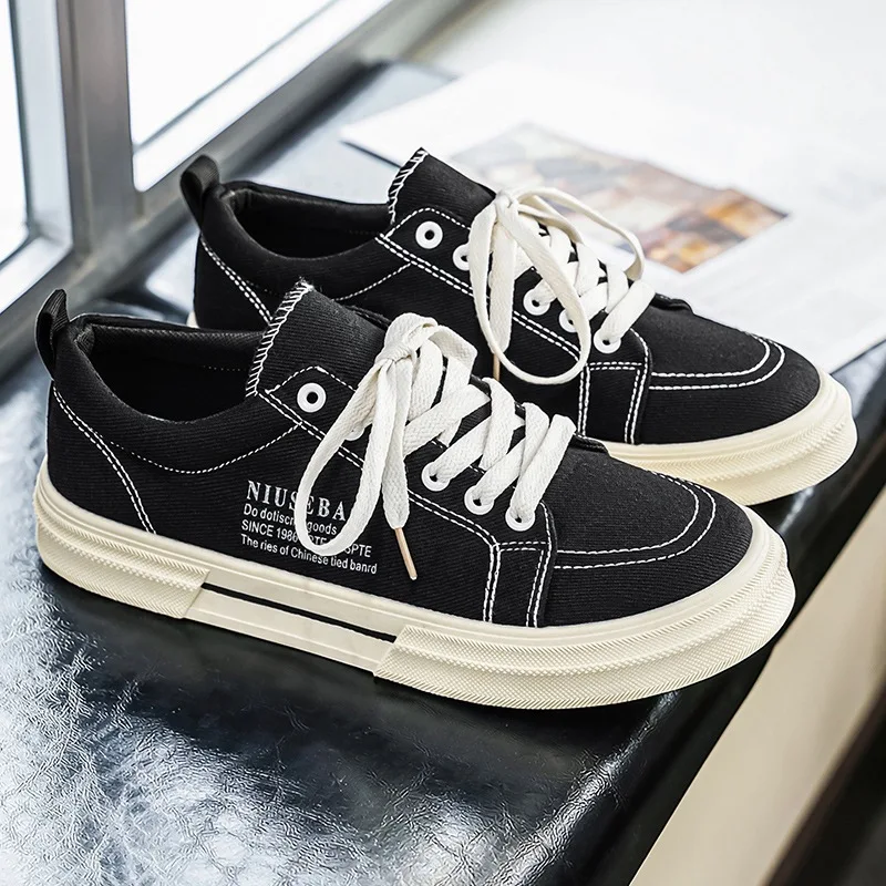 Fashion Men's Black Canvas Shoes White Stitched Casual Flat Sneakers Comfortable Walking Shoes