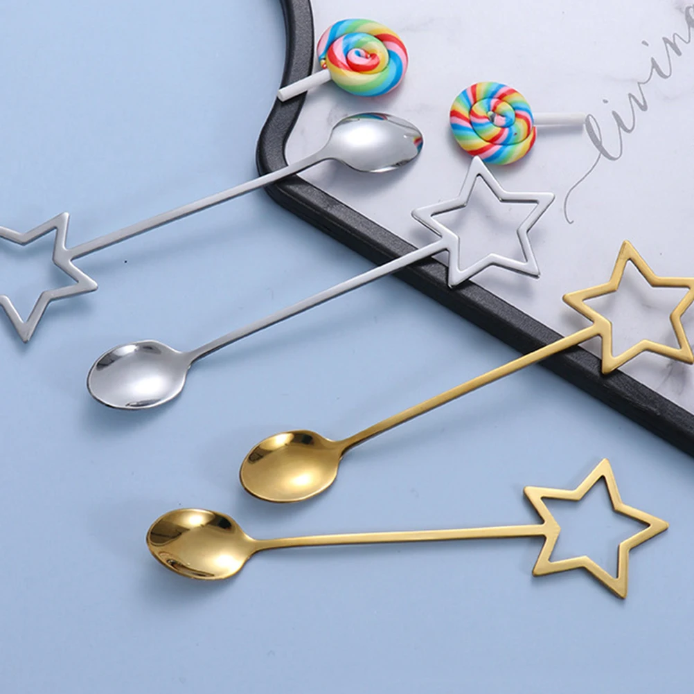 

2 Pcs Five Pointed Star Dessert Spoons Stainless Steel Golden Silver Color Coffee Tea Ice Cream Spoon Easy Clean Kitchen