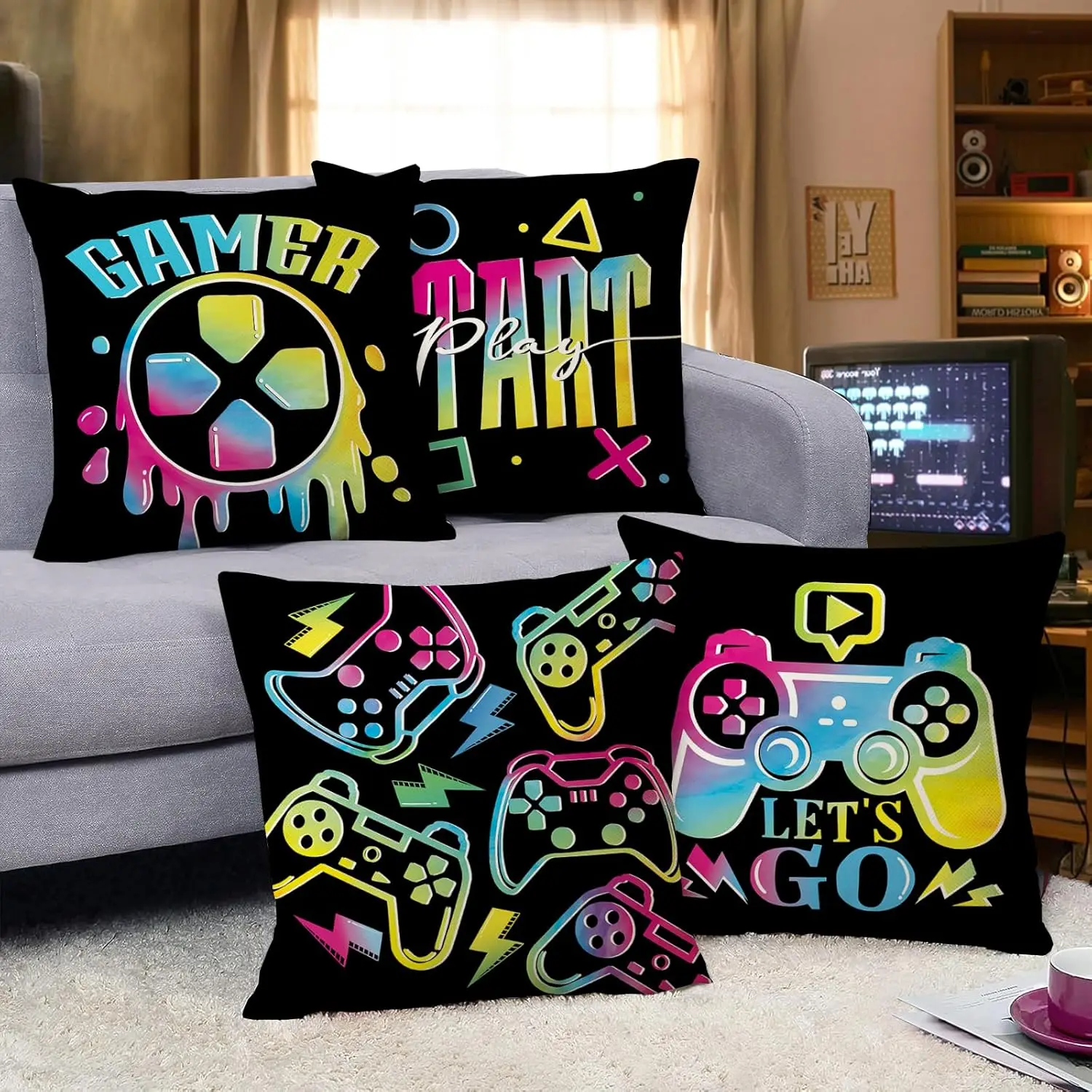 Set of 4, Pastel Video Game Controller Pillowcase for Boys Bedroom Gaming Room, Funny Sofa Couch Cushion Case Home Decor Gifts
