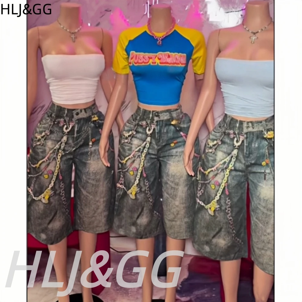 

HLJ&GG Sexy Y2K American Streetwear Women Off Shoulder Sleeveless Backless Slim Crop Top And Denim Shorts Two Piece Sets Outfits