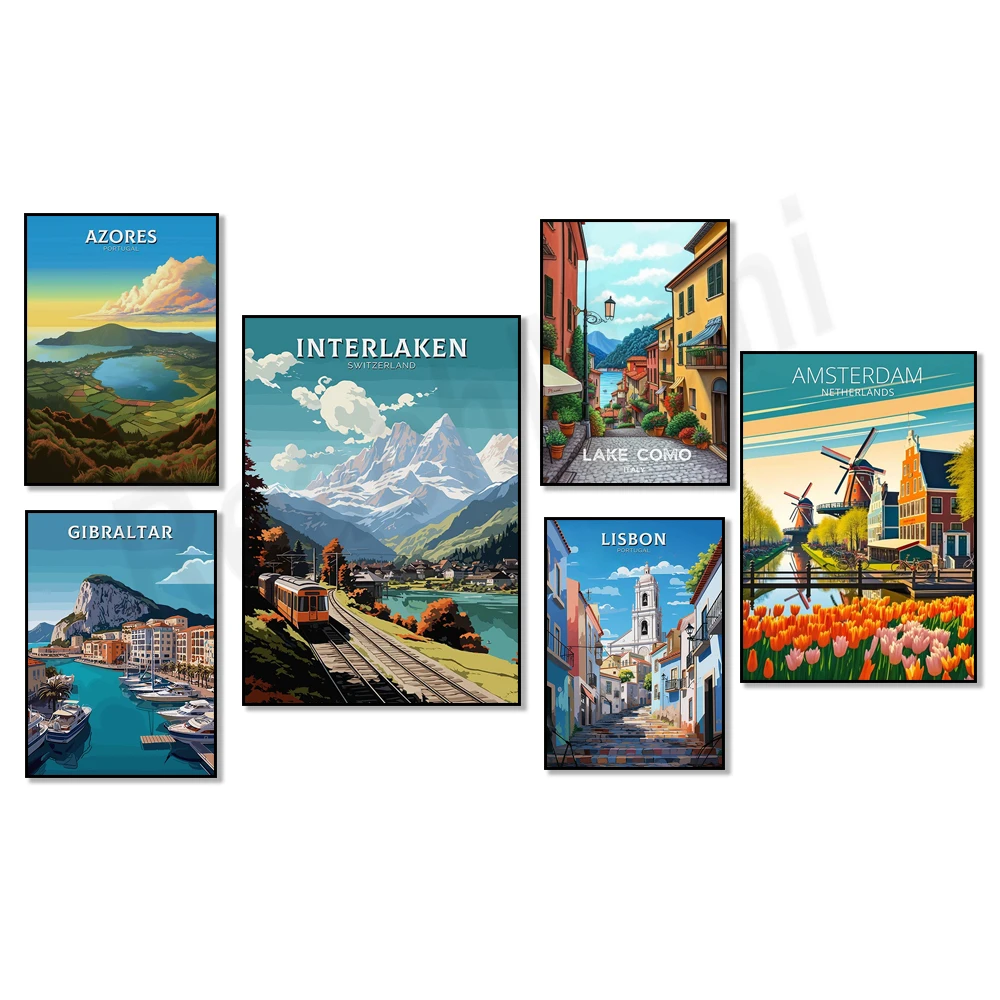 

Gibraltar, Azores, Amsterdam, Lake Garda, Athens, Sicily, Andalucia, Verona, Interlaken Switzerland, Porto, London travel poster