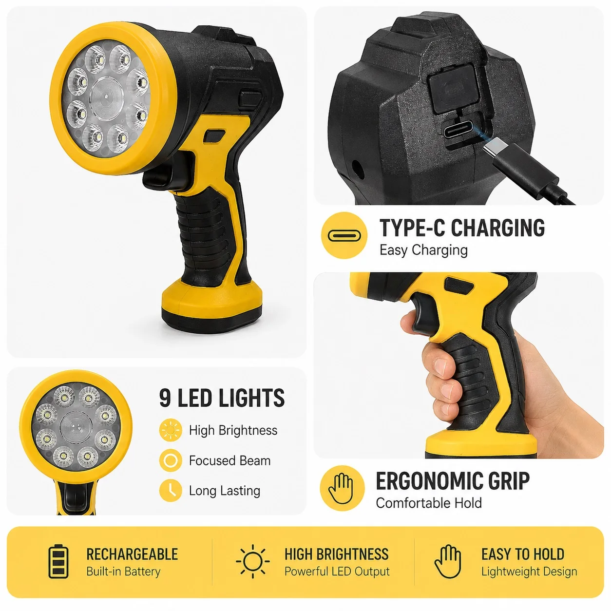 Pistol-Style High-Intensity Flashlight, Handheld Searchlight with High Brightness and Large Capacity, USB Rechargeable, Black and Yellow Color Scheme, 9 Led Beads for Focused Long-Range Lighting, Suitable for Outdoor Camping, Home Emergency Use, and Patrol. Portable Rechargeable Searchlight with Super Bright and Long-Range Illumination, Outdoor Lighting Tool, Gift for Father; Standard Rechargeable Handheld Led Spotlight, Large Capacity Battery, High Power Concentrated Lighting, Type-C Charging, Battery Level Display.