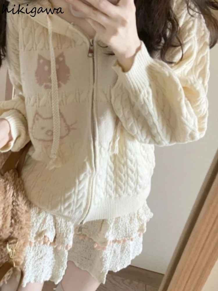 Knitwear Cardigan Tops Women Clothing Sueter Mujer Cute Cat Japanese Pull Femme Hooded Casual Knitted Oversized Sweater Coat