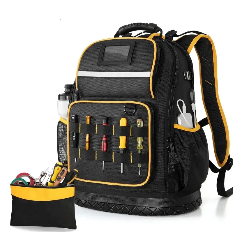 Multifunctional Tools Backpack with Hard Bottom and a Tool Pouch Heavy Duty Tool Bag Multiple Pockets Laptop Sleeve ﻿