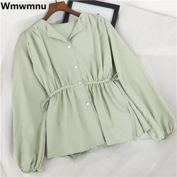 Spring Korean Lace-up Shirt Fashion Women Sweet Elegant Blousa V-neck Long Sleeve Chic Blouse Casual Vintage New Chiffon Tops