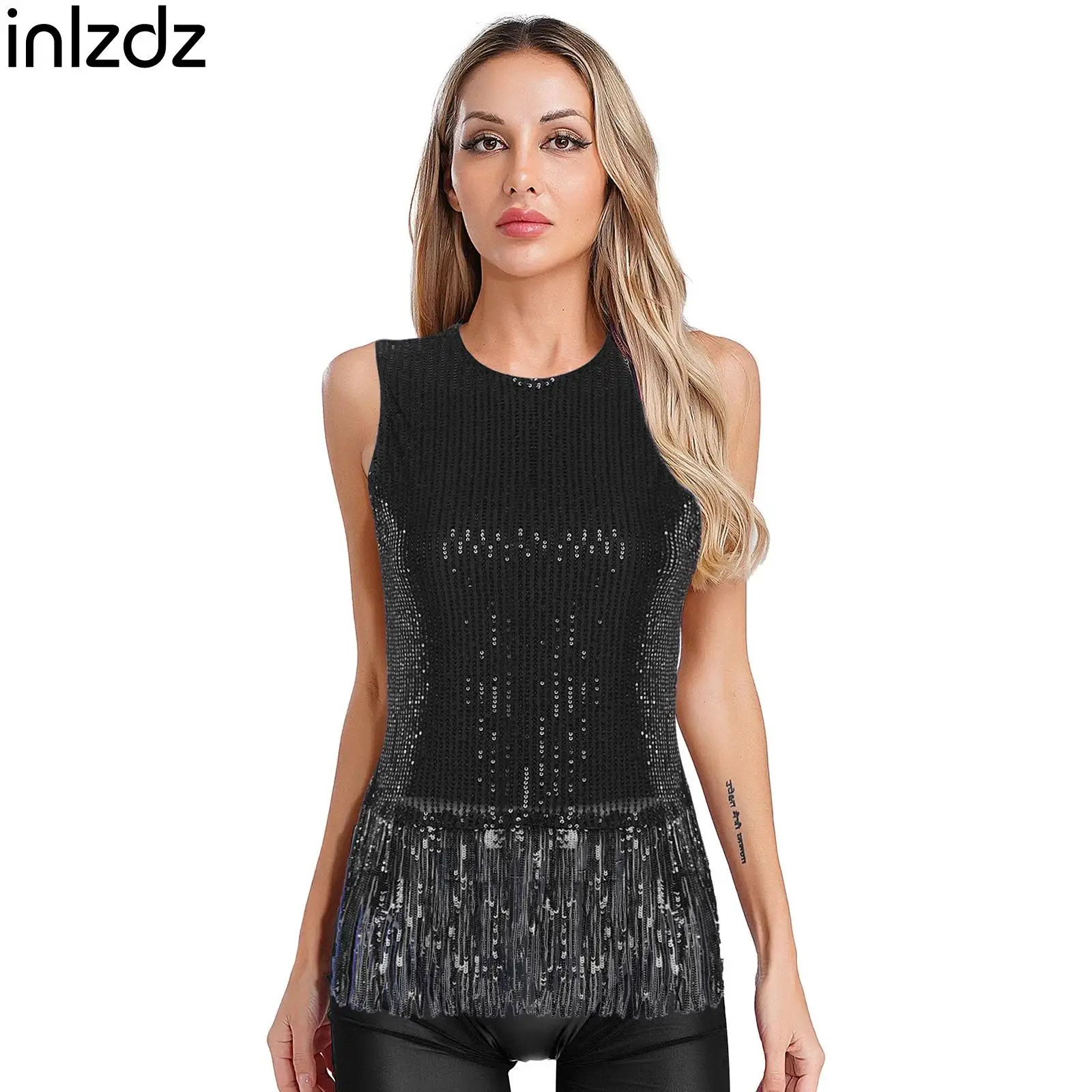 

Women Latin Jazz Dance Costume Sequins T-shirt Sleeveless Fringe Tank Top Vest for Cocktail Parties Carnival Party Prom Clubwear