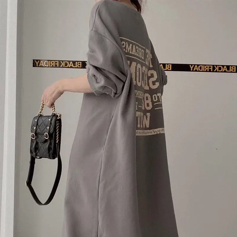 Casual Versatile Comfortable Commuting Lazy Style Square Collar Leaky Collar Bathroom Dress Autumn and Winter Loose Dress
