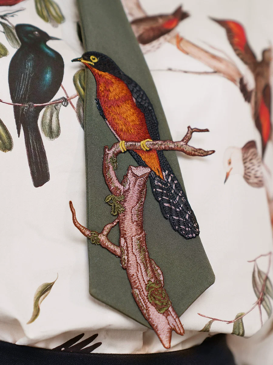 Original Design Women Vintage Whimsical Playful Bird On Branch Embroidered Neck Tie