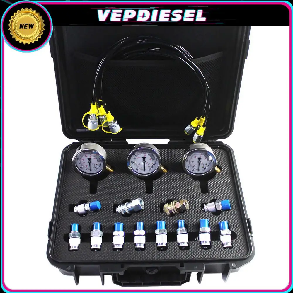 Hydraulic Pressure Test Kit with 3 Gauges 60MPa 9000PSI 3 Test Hoses 12 Couplings Hydraulic Test Gauge Kit Pressure Gauge