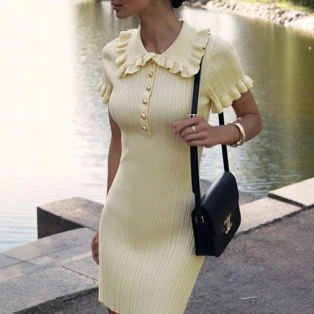 Women Knitting Dress 2025 Autumn New Women's Knit Dress Retro French Doll Collar Ruffled Short Sleeve Button Tweed Style Dress