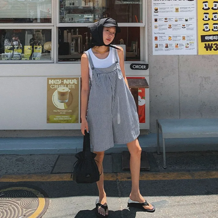 

Джинсовые комбинезоны в полоску в стиле ретро, женские летние новые свободные брюки пять четвертей, корейские повседневные универсальные брюки для различных случаев