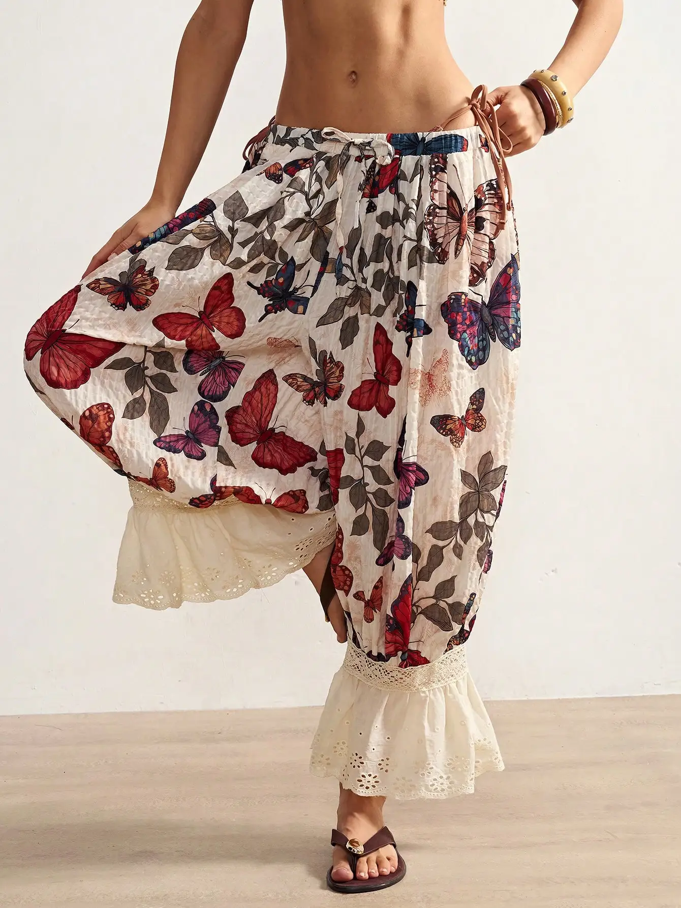 Women's Casual Boho Printed Loose Woven Pants Beach Beige Autumn