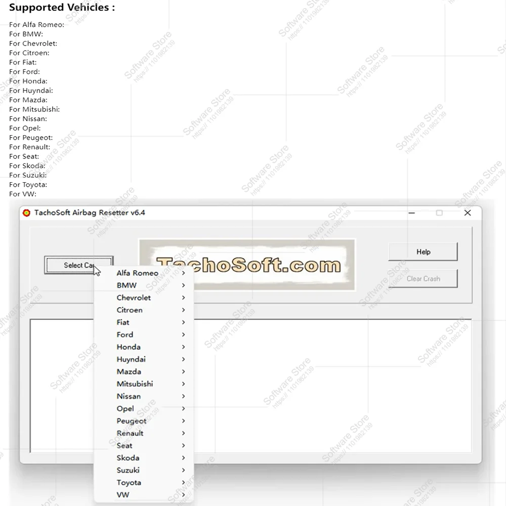 Tachosoft Airbag Resetter 6.4 delete crashdata from airbag ECU dumps show Memory chip type 19 car brands 50 airbag ECU models