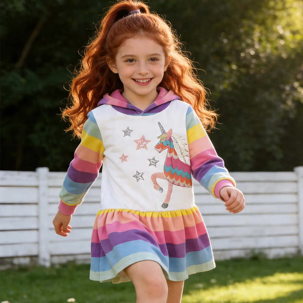 VIKITA Girls Unicorn Hoodies Dress Kids Rainbow Striped Soft Cotton Comfortable Casual Straight Ruffle Spring Autumn Casual Wear