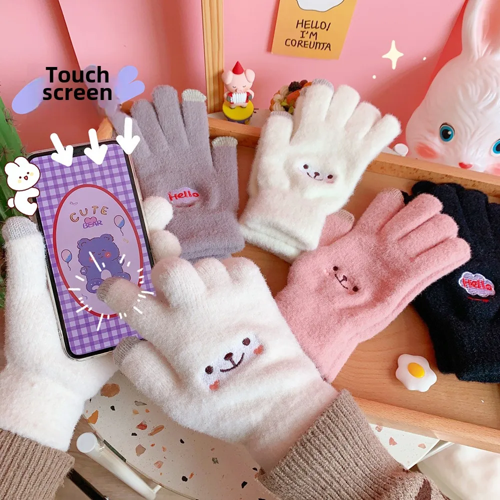 ins winter cycling cold-proof and warm plush gloves cute student Japanese girl heart five-finger touch screen gloves