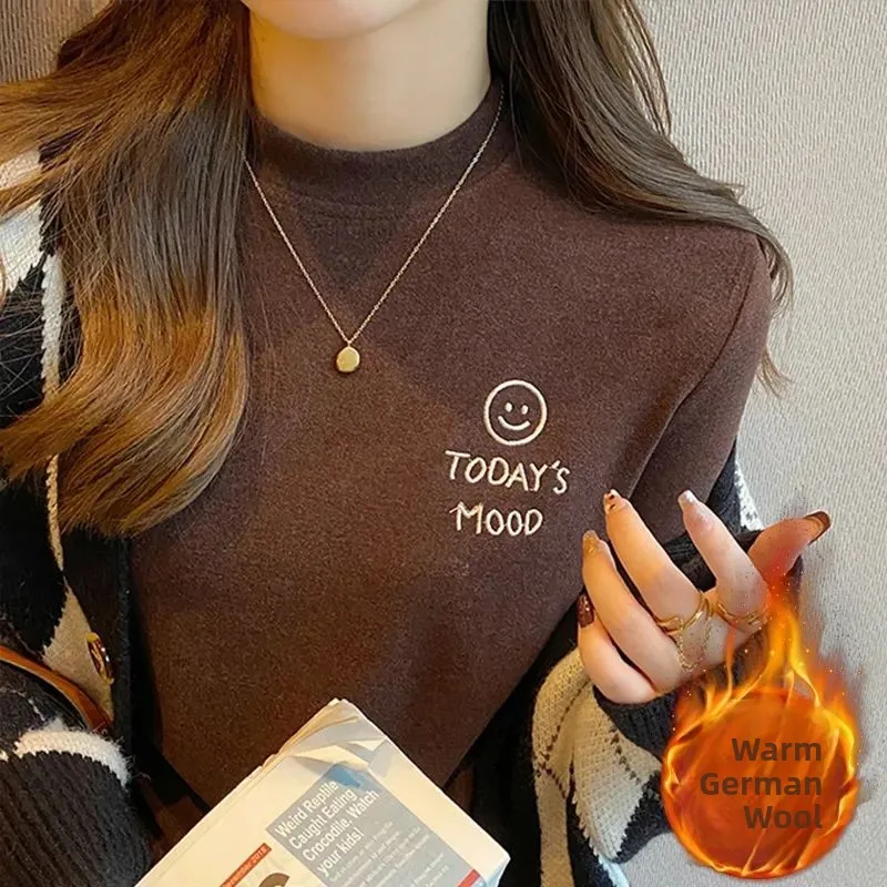 Ultra Soft Double Sided Fleece Long Sleeve Women's Base Shirt Trendy Warm Inner Wear T-Shirt Korean Style Slim Fit Classic Pa...