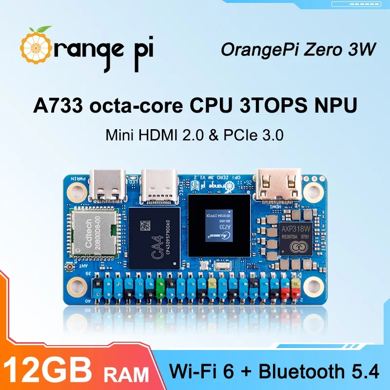 VoltSOrange Pi Zero3W 12G+Cooling Fan+5V3A TypeC Power Supply, LPDDR5 Mini PC Allwinner A733 Single Board Computer