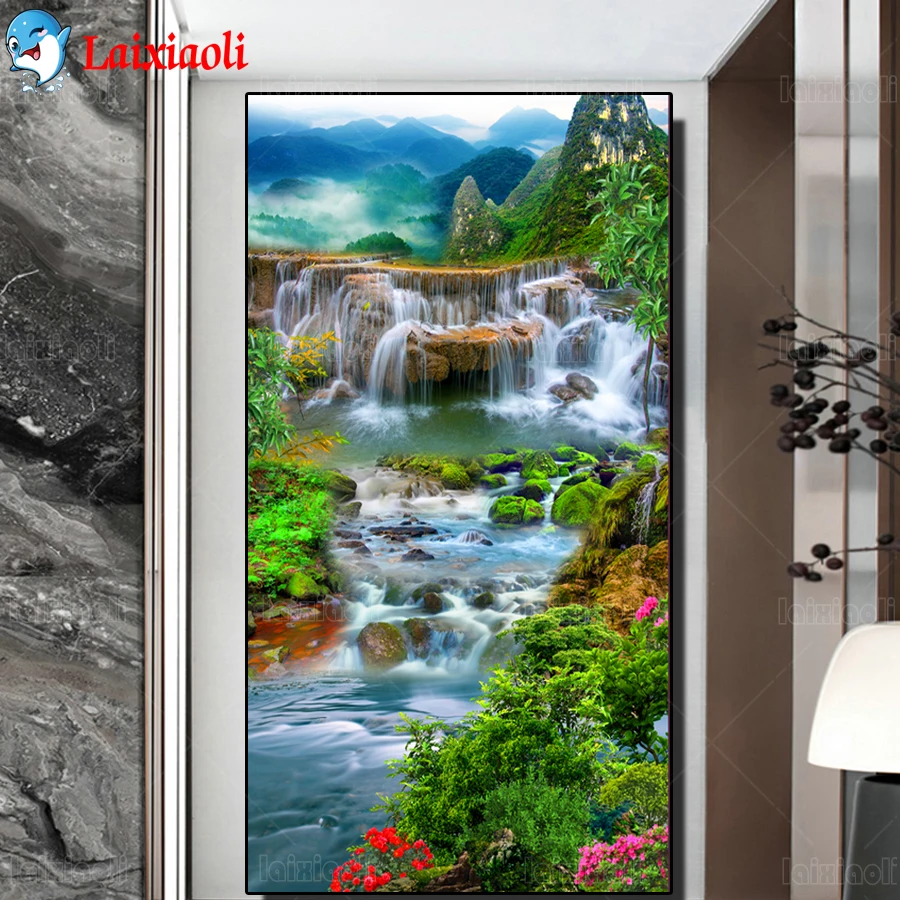 

Spring landscape waterfall Diamond Painting Full Square Round Drill Diy 5D Diamond Embroidery Mosaic Hallway,aisle, corridor art