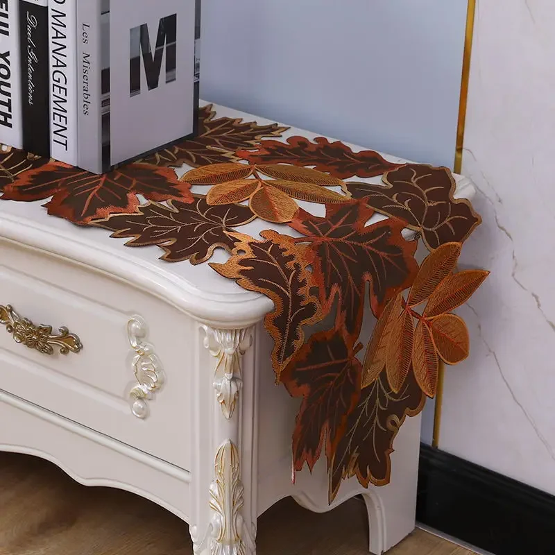 

1Pc Autumn Maple Leaf Embroidered Table Runner Hollow Out Flocked Brown Maple Design Rustic Farmhouse Thanksgiving Harves