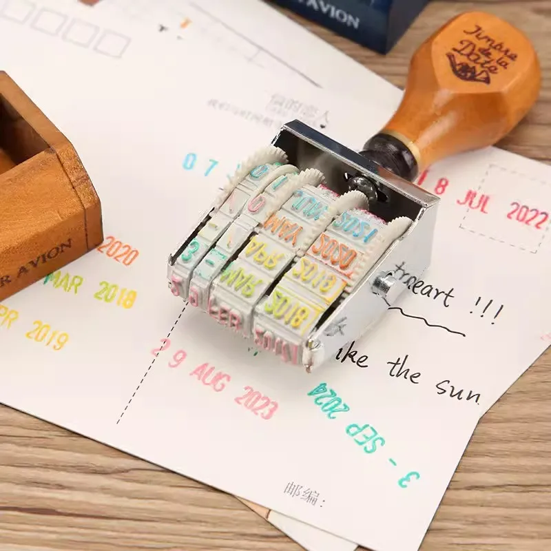 Vintage Wooden Handle Date Roller Stamp DIY Scrapbooking Planner Hand Account Journal Stamps Kawaii Stationery Office Supplies