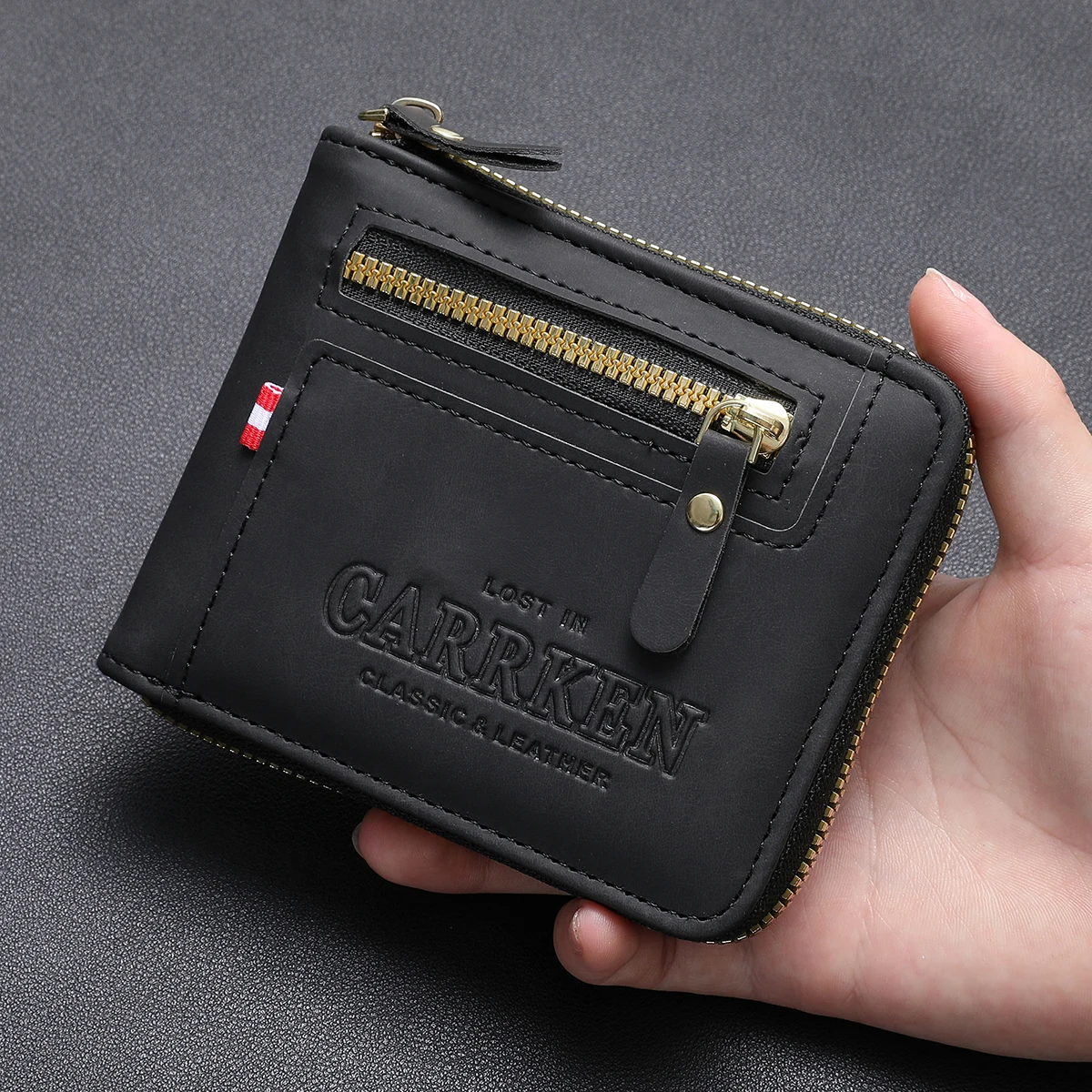 Carrken Cartera corta con cremallera en relieve y letras de negocios para hombre, cartera multifuncional para tarjetas de crédito, monedero, regalo Ideal para hombres